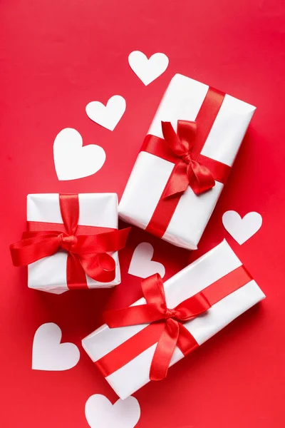 Gift Boxes Paper Hearts Red Background Valentine Day Celebration — Stock Photo, Image