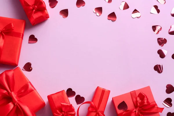 Frame Made Beautiful Gifts Confetti Pink Background Valentine Day Celebration — Photo