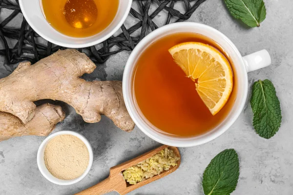 Cup Black Tea Lemon Ginger Roots Honey Mint Leaves Grey — Stok fotoğraf