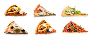 Many slices of different pizzas on white background
