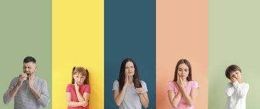 Collage with many people having toothache on color background