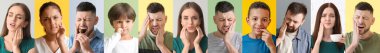 Collage with many people having toothache on color background
