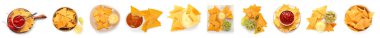 Set of tasty nachos isolated on white, top view