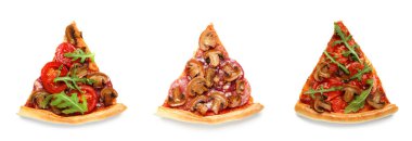 Slices of different pizzas on white background