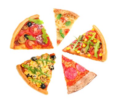 Many slices of different pizzas on white background