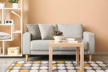 Interior of stylish living room with grey sofa, table and shelving unit