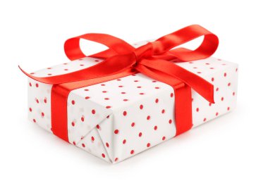 Gift box with red satin ribbon isolated on white background. Valentine's Day celebration