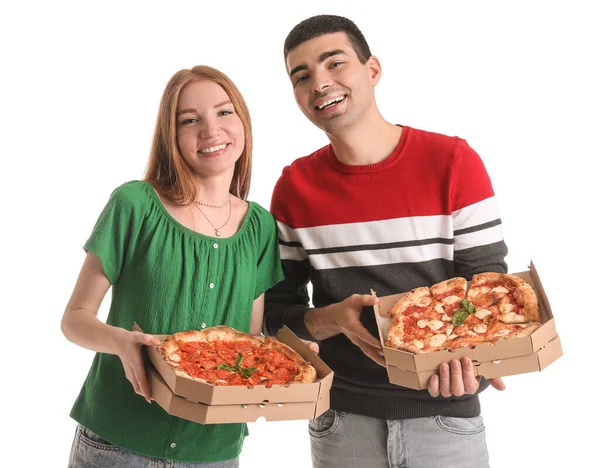 Young Couple Boxes Tasty Pizza White Background — Stock Photo, Image