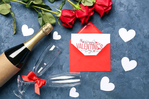 Bottle Wine Rose Flowers Envelope Paper Hearts Blue Table Valentine — Photo