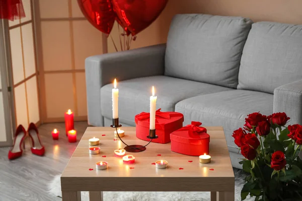 Burning Candles Gifts Valentine Day Table Living Room — Foto de Stock