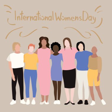 Group of different women and text INTERNATIONAL WOMEN'S DAY on grey background