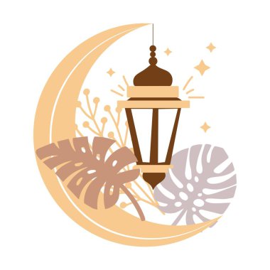 Drawn crescent with traditional Arabic lantern on white background. Concept of Ramadan celebration