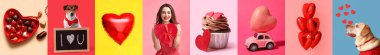 Festive collage for Valentine's day with young woman, gifts, cute dogs, tasty desserts and balloons on color background