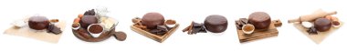 Collage of ingredients for tasty chocolate bakery on white background