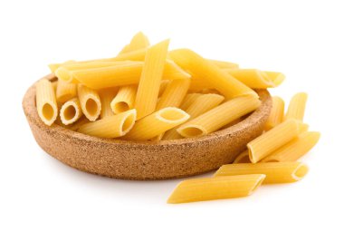 Plate of raw penne pasta isolated on white background