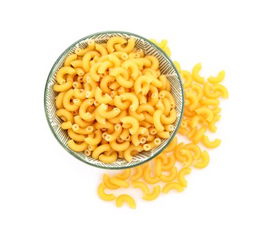 Bowl of raw elbow pasta on white background