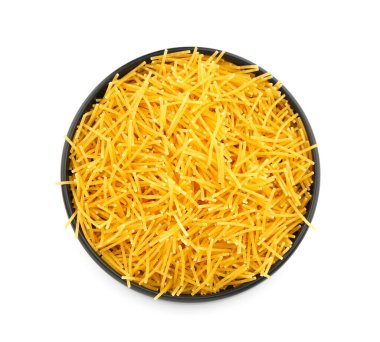 Plate of raw vermicelli pasta on white background