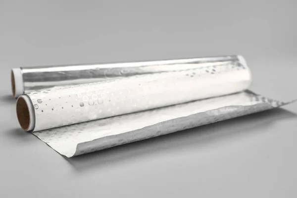 Rolls Aluminium Foil Grey Background — Stock Photo, Image