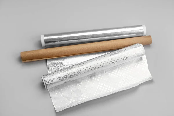 Rolls Aluminium Foil Baking Paper Grey Background — Stock Photo, Image
