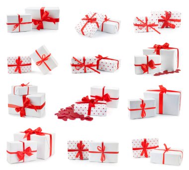 Set of many gift boxes for Valentine's Day isolated on white