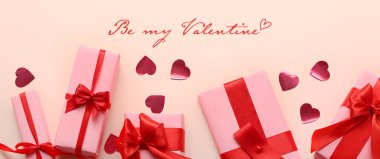 Greeting card for Valentine's Day with gifts and hearts on light background