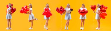 Set of beautiful young woman with heart-shaped balloons on yellow background. Valentine's Day