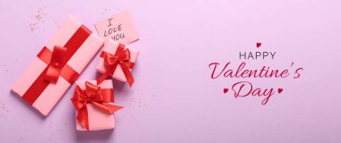 Greeting card for Valentine's Day with gifts on pink background