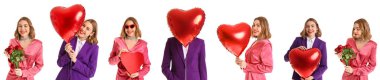 Set of beautiful young woman with flowers and balloons isolated on white. Valentine's Day