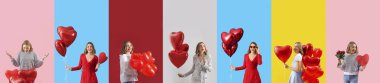 Set of beautiful young woman with heart-shaped balloons on color background. Valentine's Day