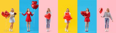 Set of beautiful young woman with heart-shaped balloons on color background. Valentine's Day
