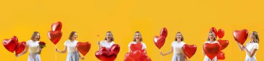 Set of beautiful young woman with heart-shaped balloons on yellow background. Valentine's Day