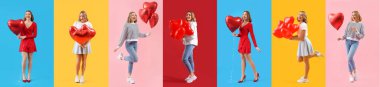 Set of beautiful young woman with heart-shaped balloons on color background. Valentine's Day