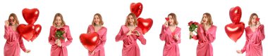 Set of beautiful young woman with flowers and balloons isolated on white. Valentine's Day