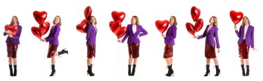 Set of beautiful young woman with heart-shaped balloons isolated on white. Valentine's Day