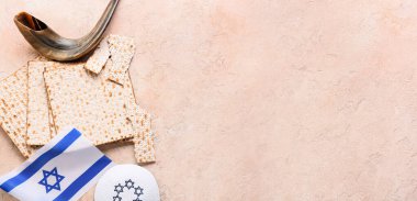 Symbols of Judaism with flag of Israel on grunge with space for text