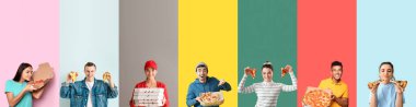 Set of different people with delicious pizza on color background