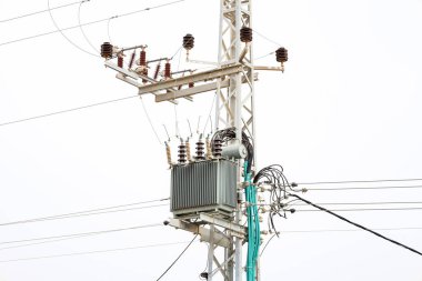 Modern electric pole in city, closeup