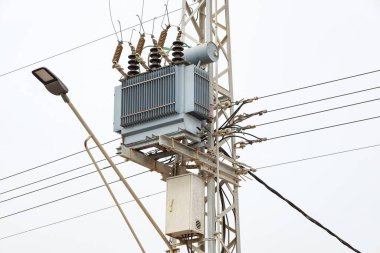 Modern electric pole in city, closeup