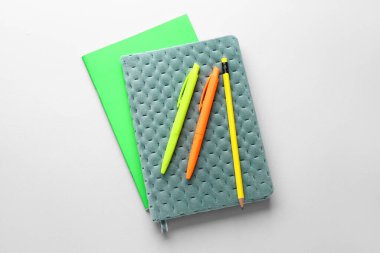 Notebooks, pens and pencil on light background