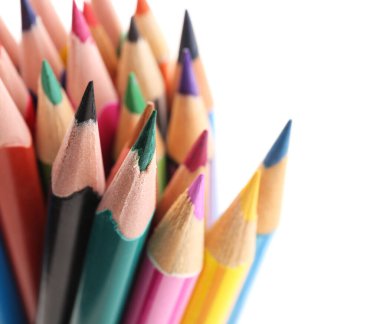 Set of colorful pencils on white background, closeup