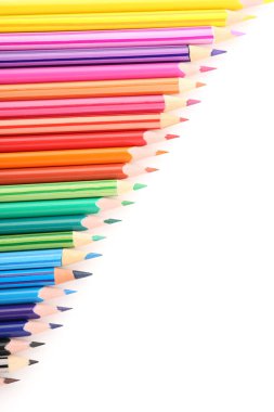 Set of colorful pencils on white background, top view