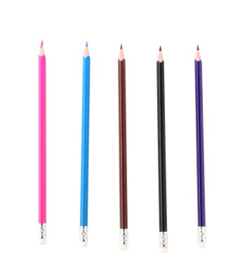 Set of colorful pencils on white background, top view
