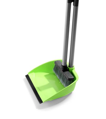 Cleaning broom with green dustpan on white background