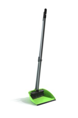 Cleaning broom with green dustpan on white background