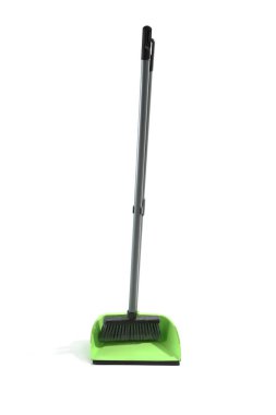 Cleaning broom with green dustpan on white background