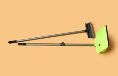 Cleaning broom with dustpan on color background