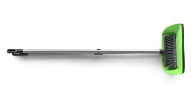 Cleaning broom with dustpan on white background