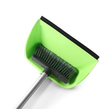 Cleaning broom with dustpan on white background