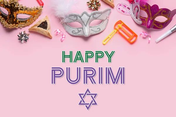Beautiful greeting card for Purim holiday with carnival masks on pink background