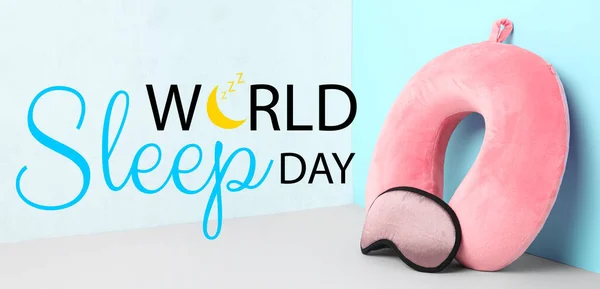 Banner for World Sleep Day with blindfold and travel pillow
